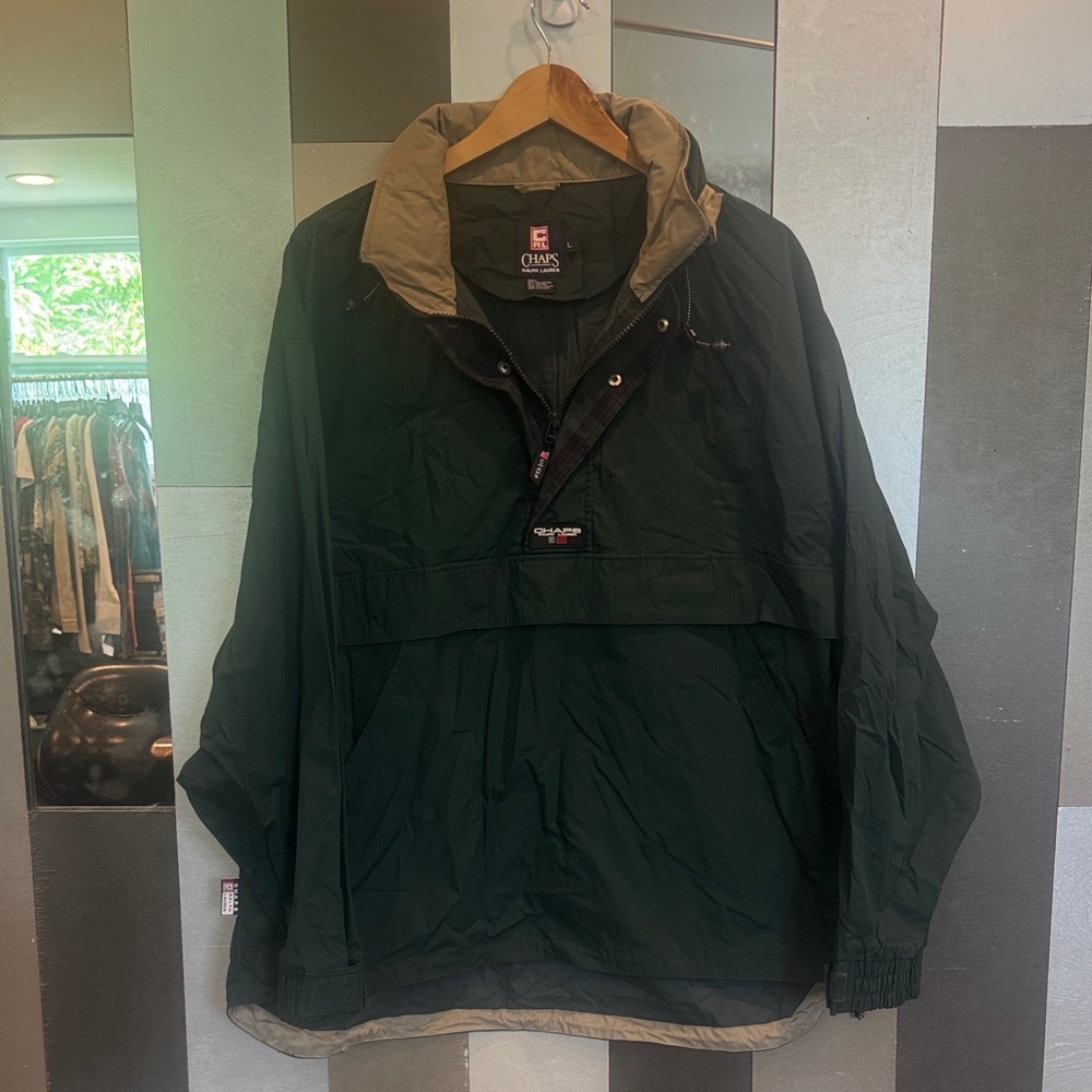 Chaps Ralph Lauren Men's Dark Green Windbreaker with Tan Accents
